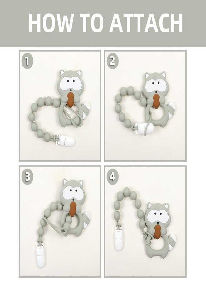 AmazingM Baby Food Grade Silicone Teether Toy with One Piece Design Pacifier Clip Holder,Teething Toys Gift Set for 3 Months+ Boys and Girls,Freezer Safe,BPA Free. (Gray Raccoon) - Image 4